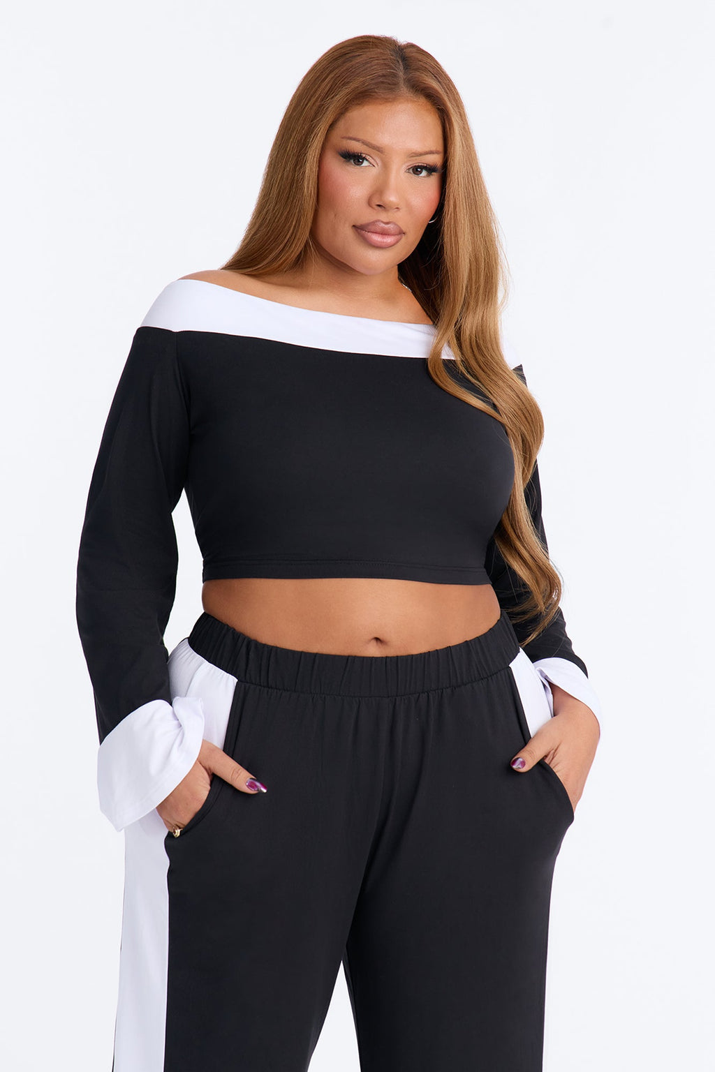 Lacey Off Shoulder Pant Set - Black/White