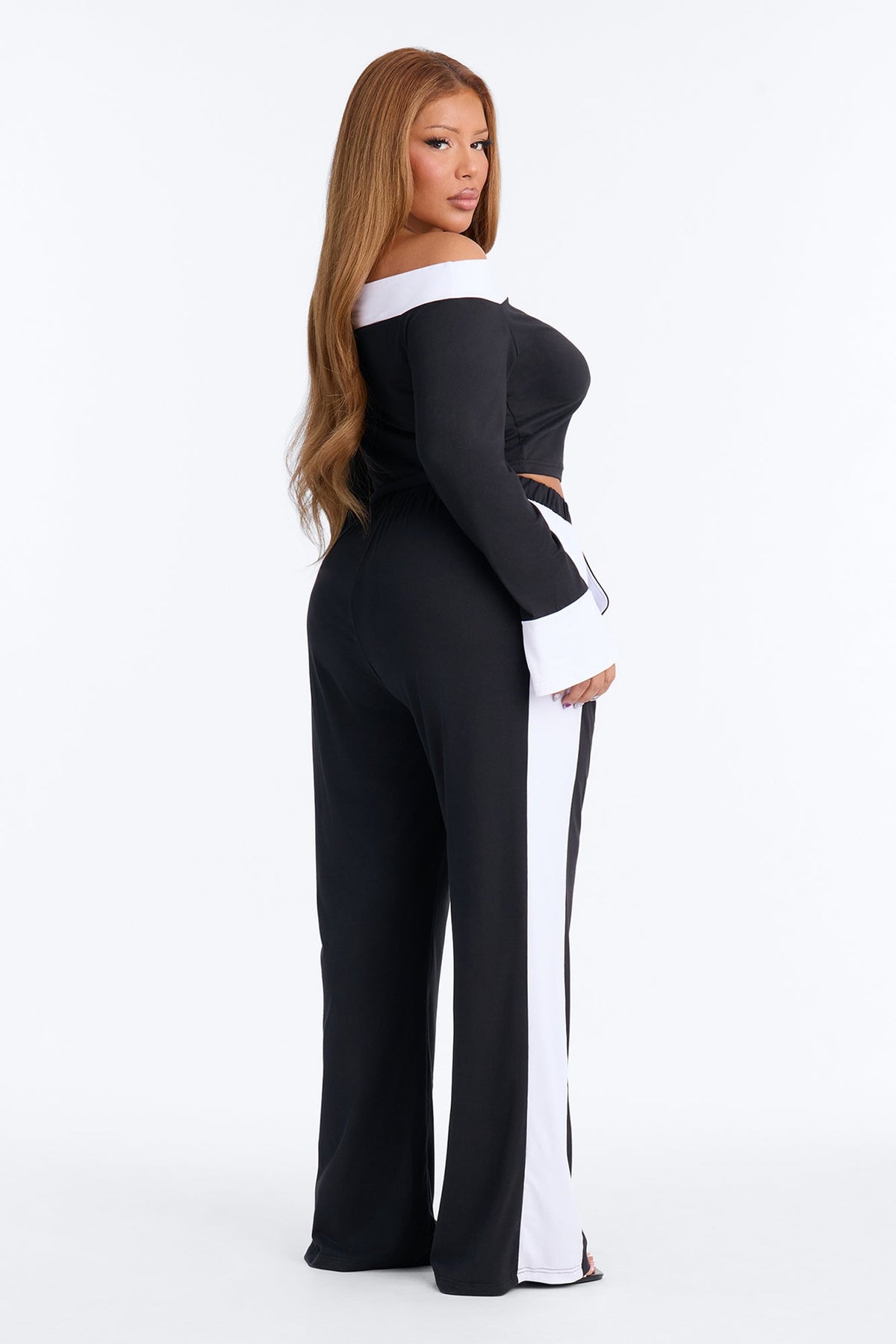 Lacey Off Shoulder Pant Set - Black/White