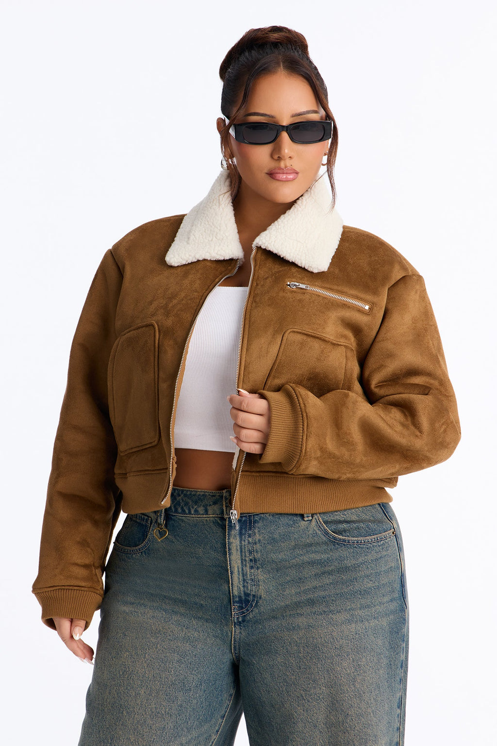 Jasmine Faux Suede Bomber Jacket - Camel