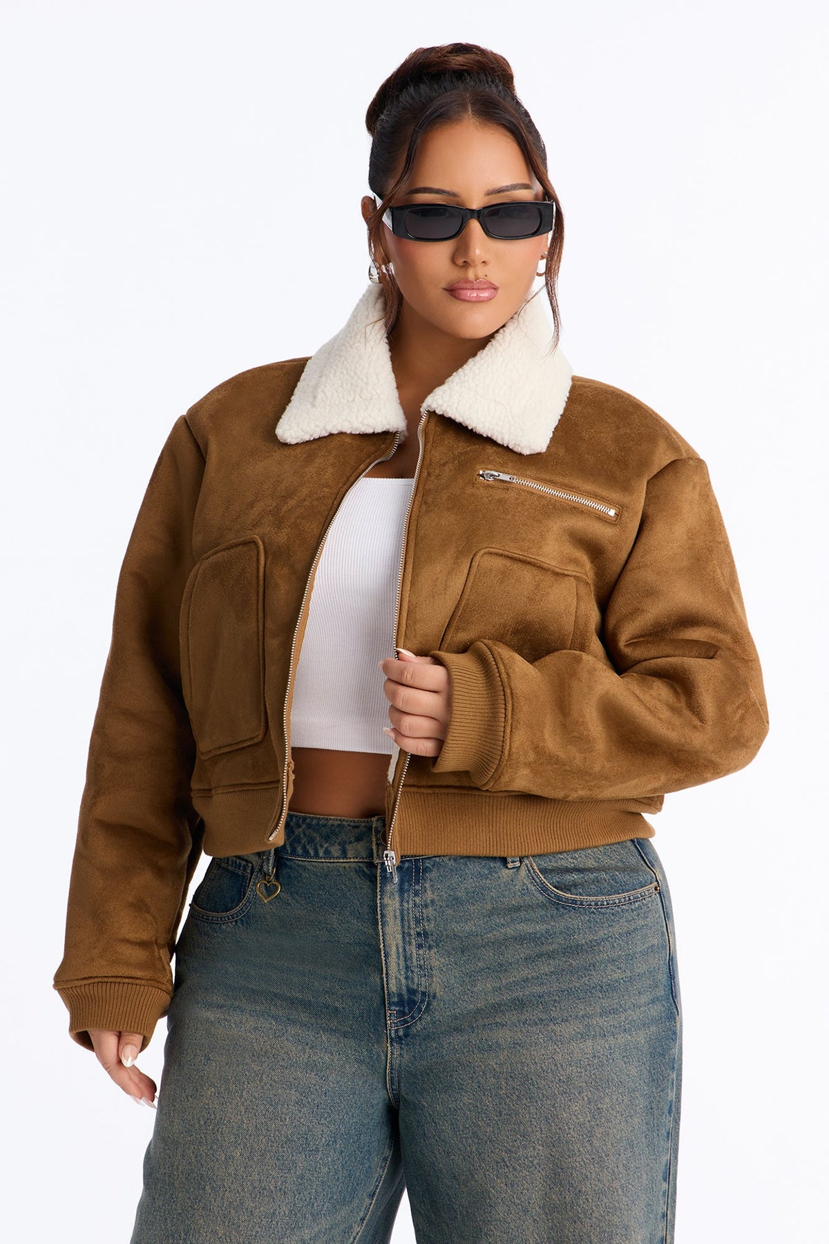 Jasmine Faux Suede Bomber Jacket - Camel