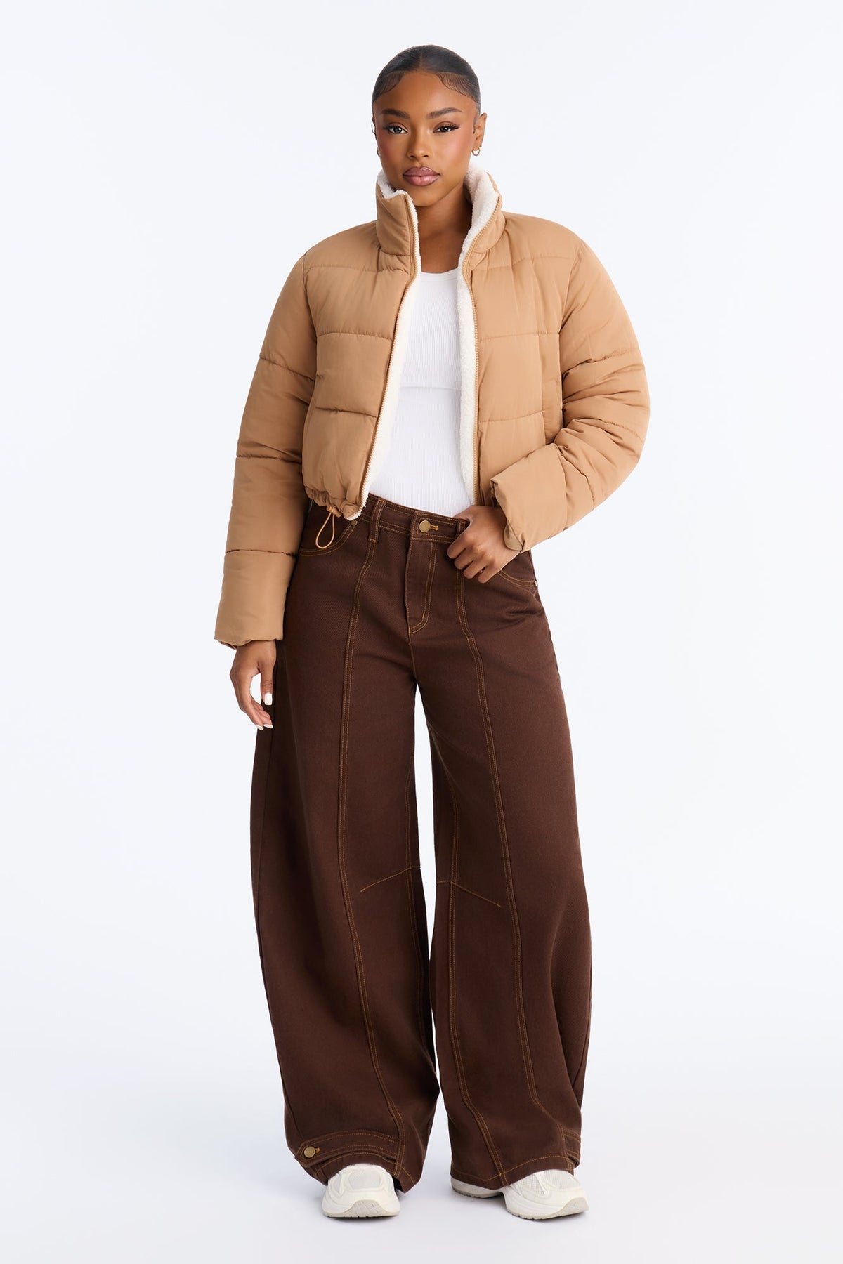 Everyday Nylon Blend Sherpa Lined Puffer - Camel