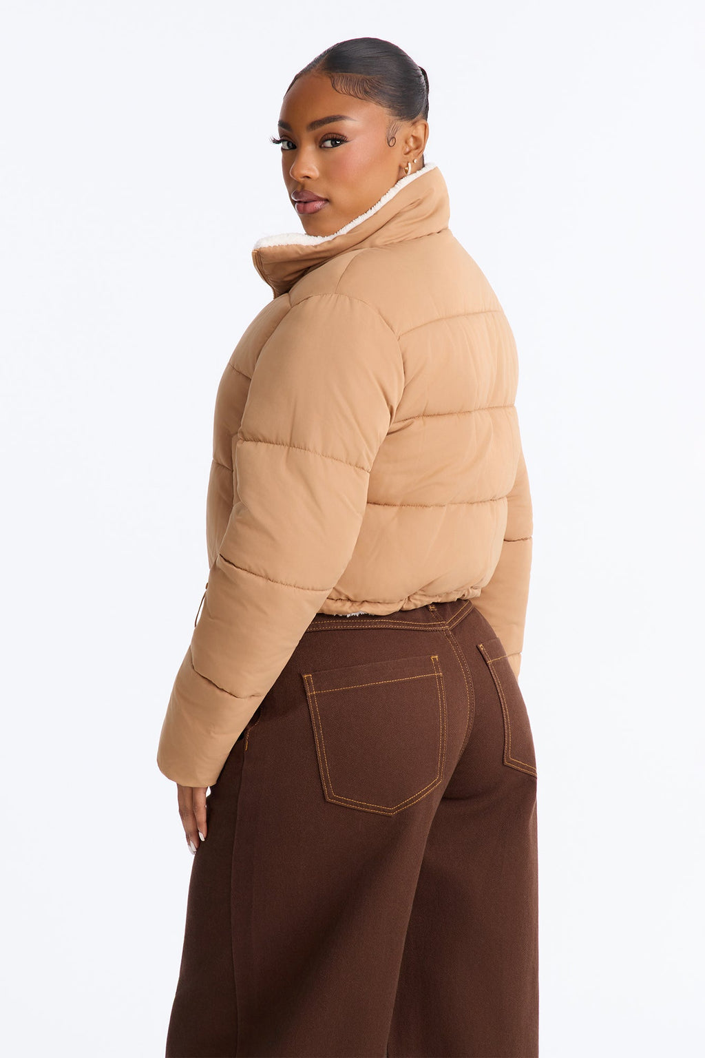 Everyday Nylon Blend Sherpa Lined Puffer - Camel