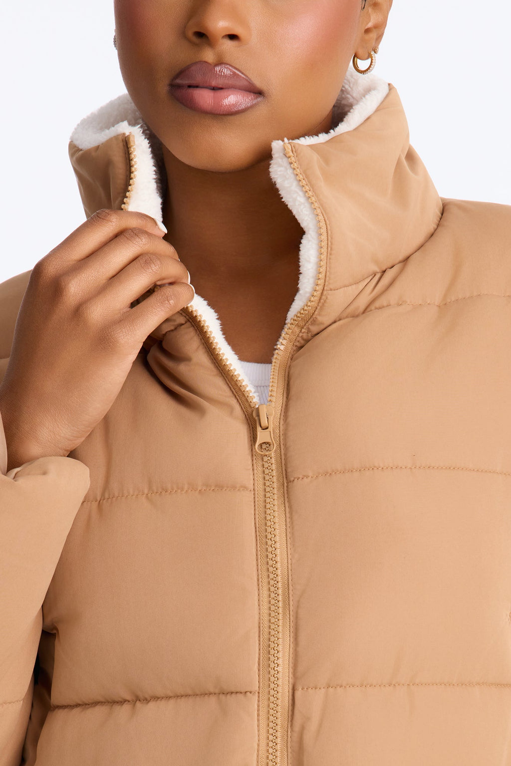 Everyday Nylon Blend Sherpa Lined Puffer - Camel