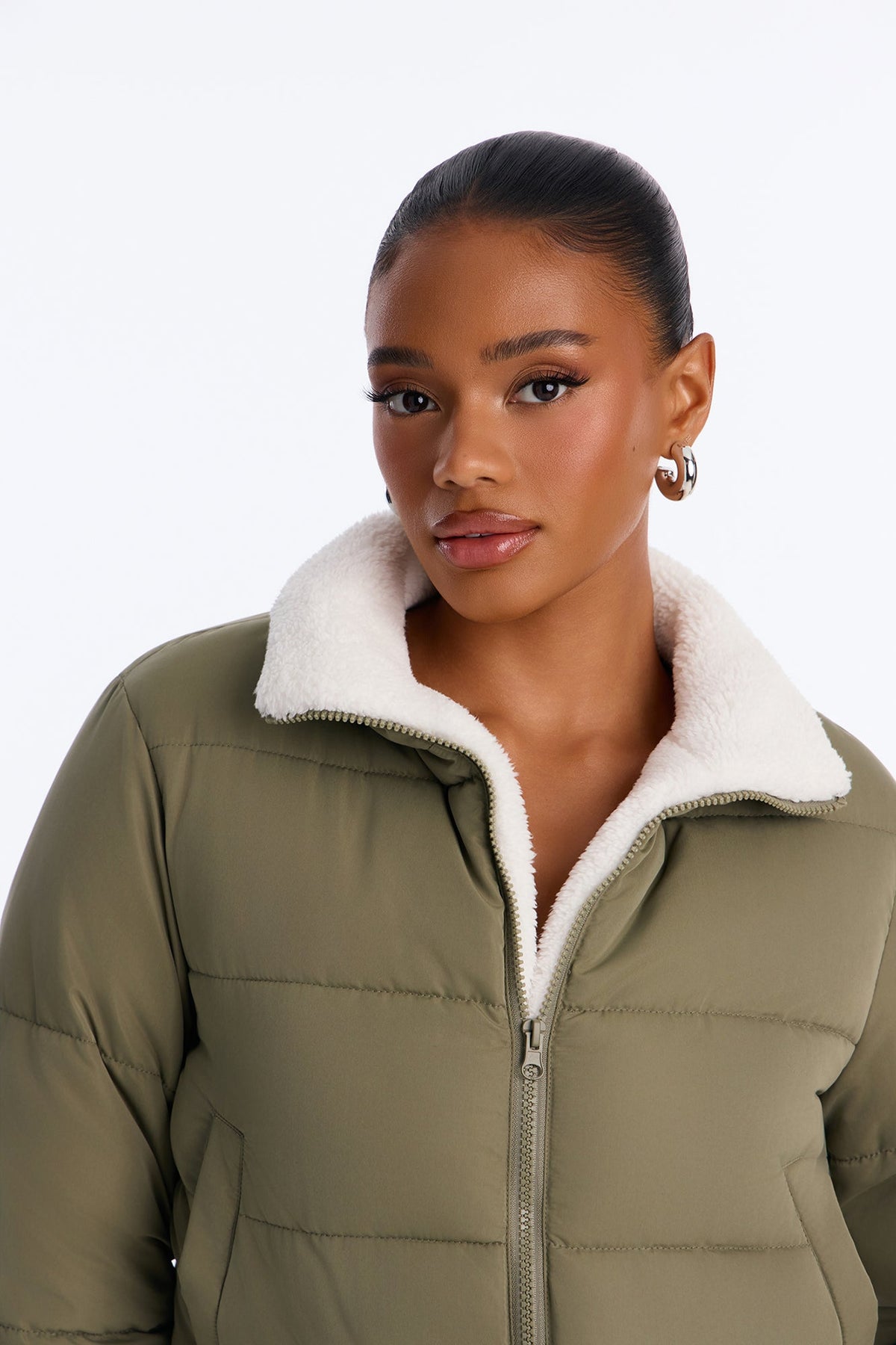 Everyday Nylon Blend Sherpa Lined Puffer - Olive