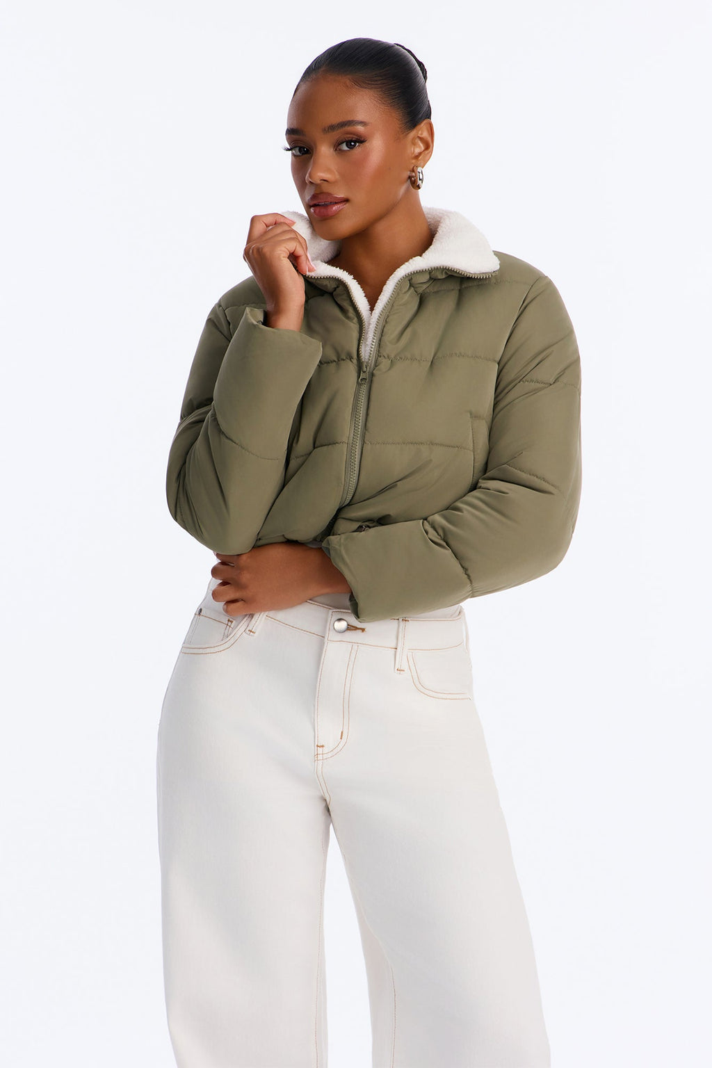 Everyday Nylon Blend Sherpa Lined Puffer - Olive