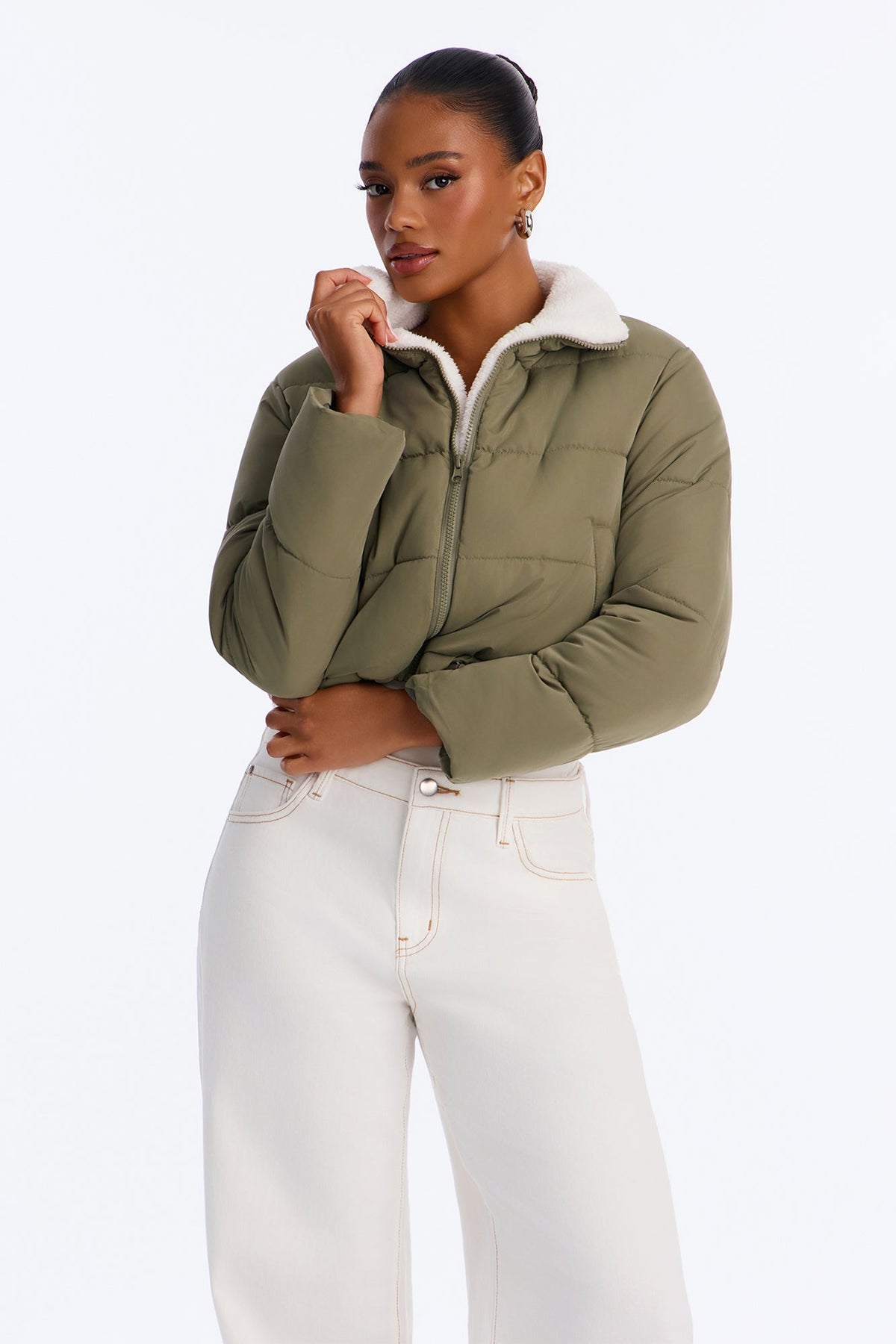Everyday Nylon Blend Sherpa Lined Puffer - Olive