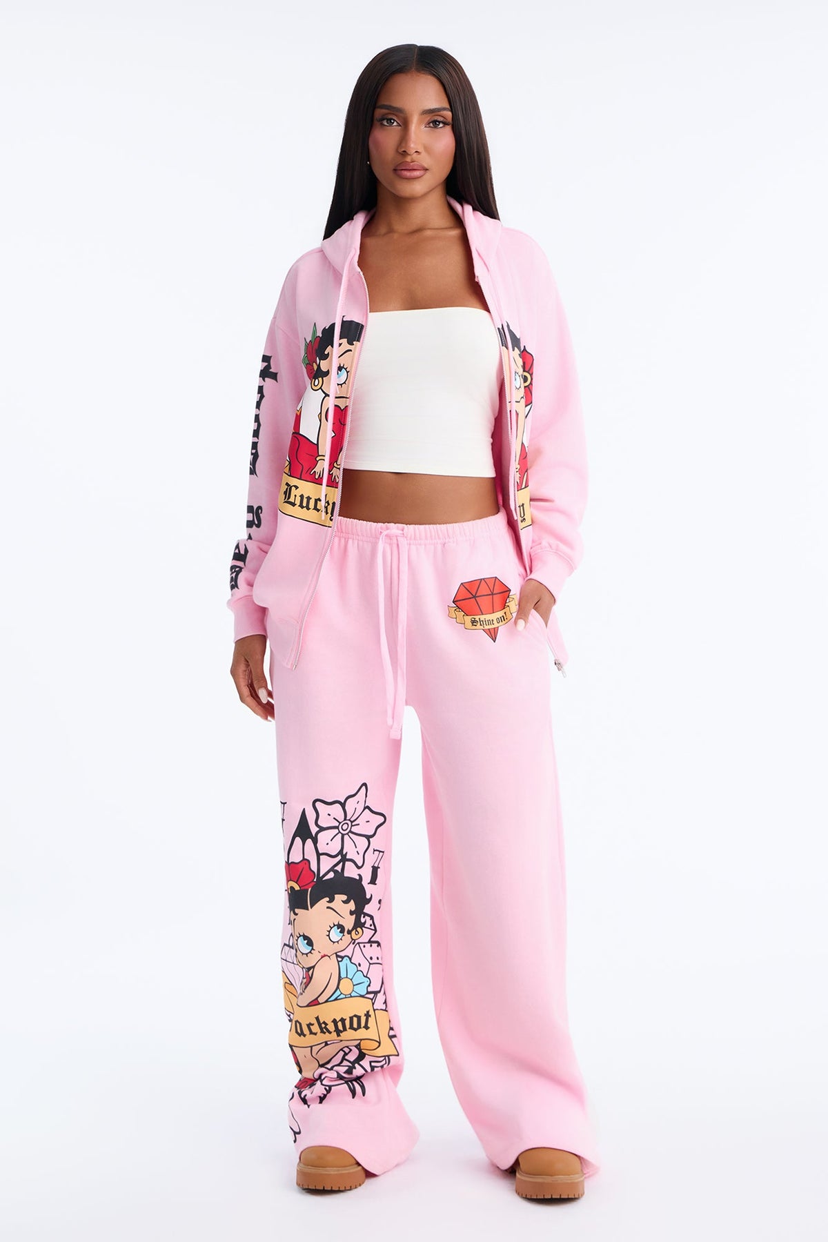 Betty Boop Tattoo Zip Up Sweatshirt - Light Pink