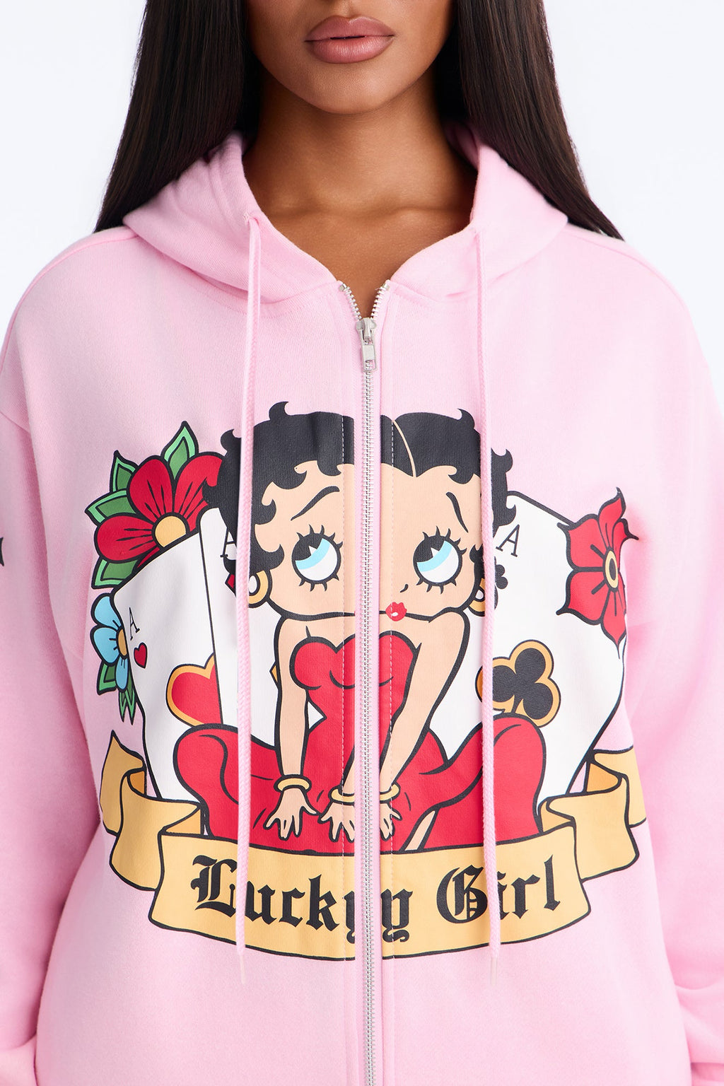 Betty Boop Tattoo Zip Up Sweatshirt - Light Pink