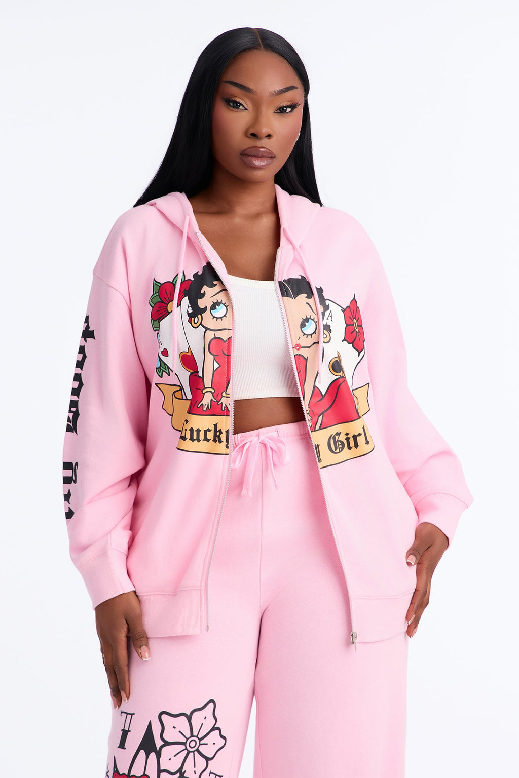 Betty Boop Tattoo Zip Up Sweatshirt - Light Pink