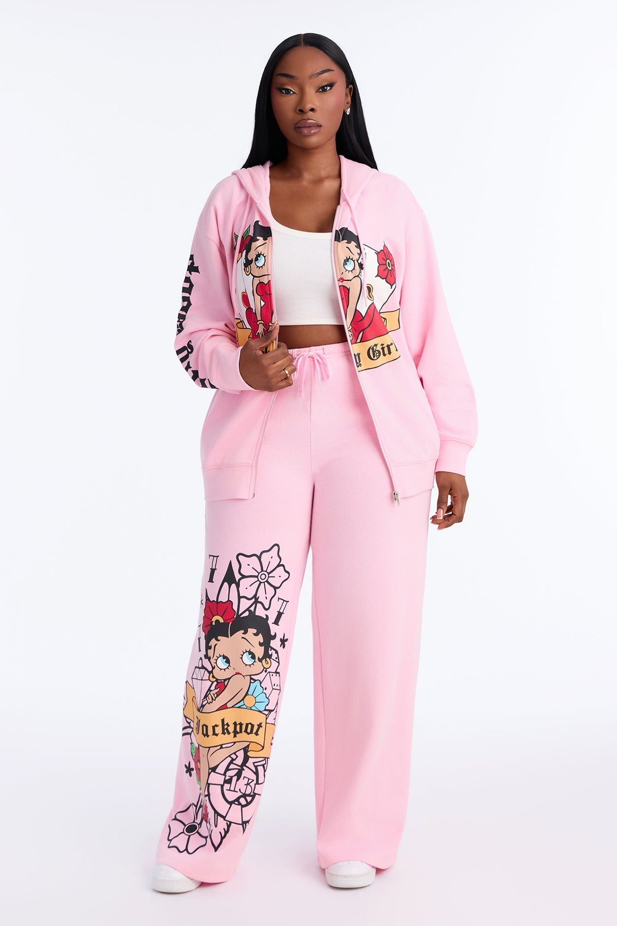 Betty Boop Tattoo Zip Up Sweatshirt - Light Pink