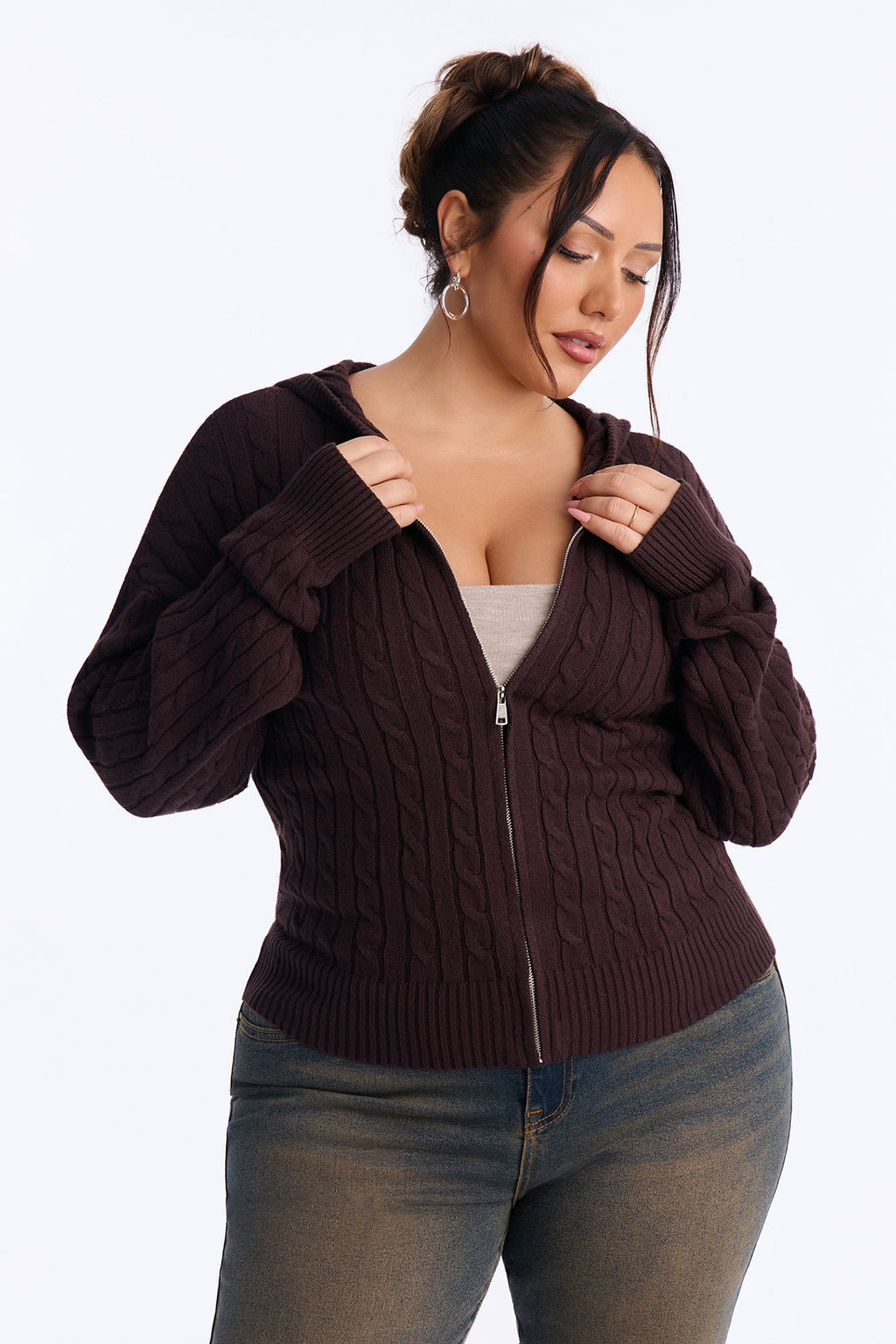 Leina Cable Knit Hooded Cardigan - Brown