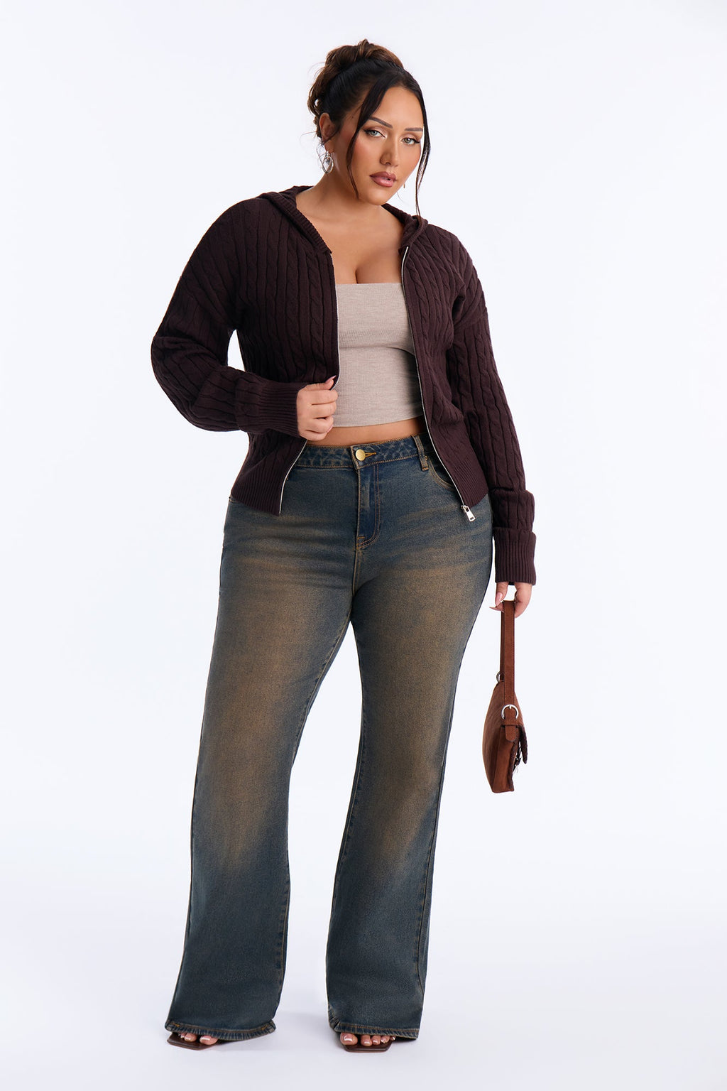Leina Cable Knit Hooded Cardigan - Brown