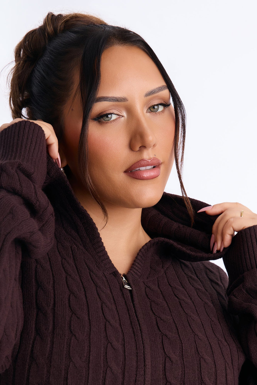Leina Cable Knit Hooded Cardigan - Brown