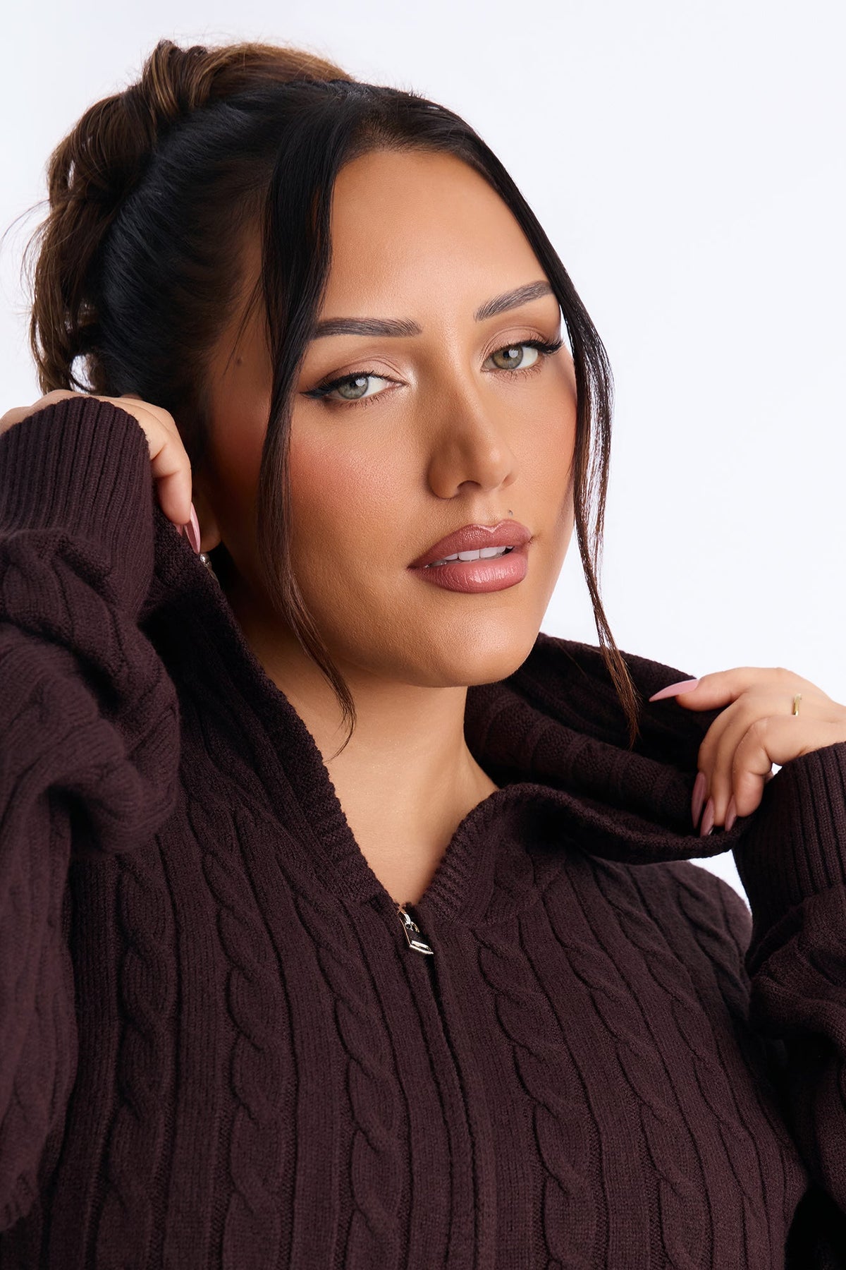 Leina Cable Knit Hooded Cardigan - Brown