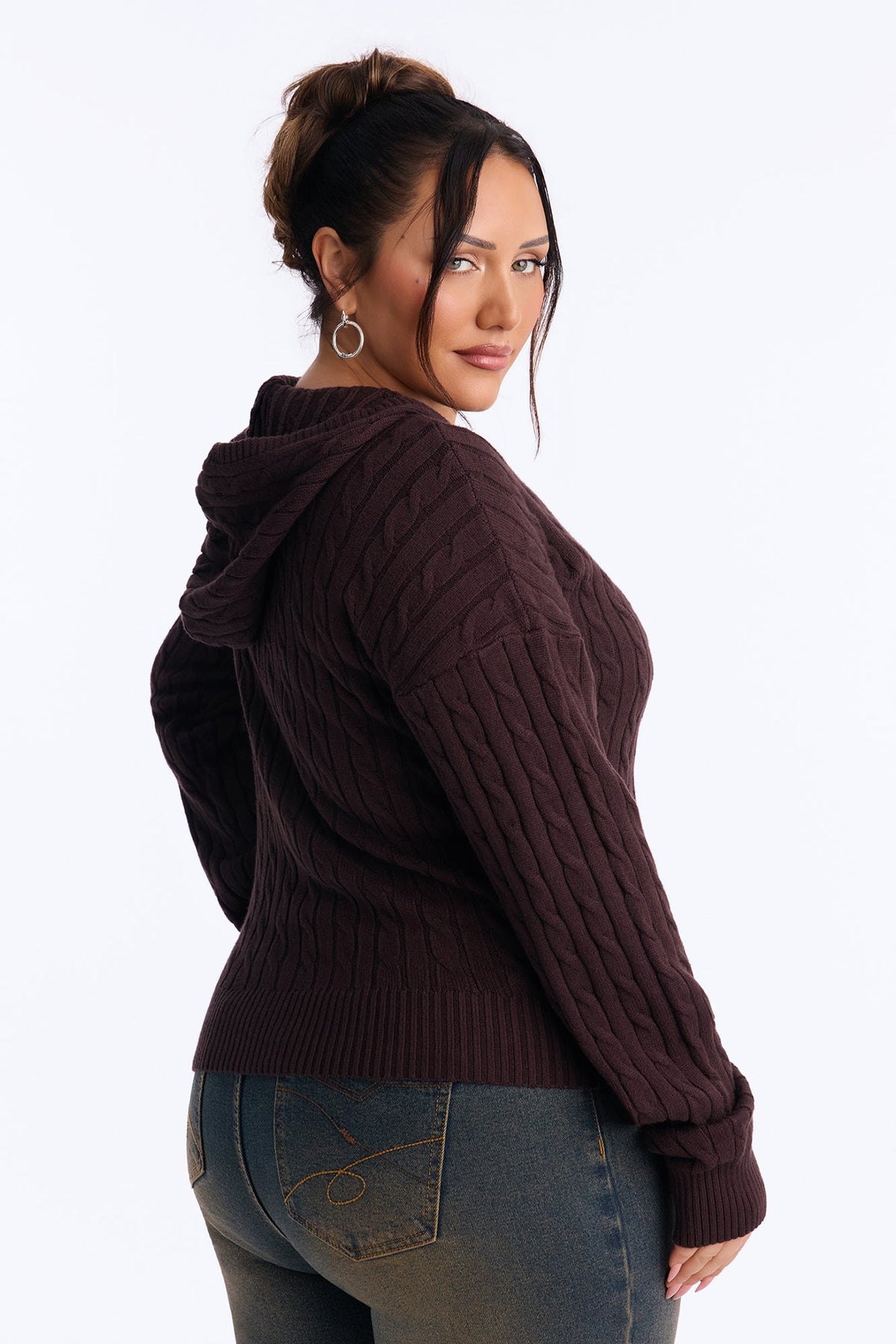 Leina Cable Knit Hooded Cardigan - Brown
