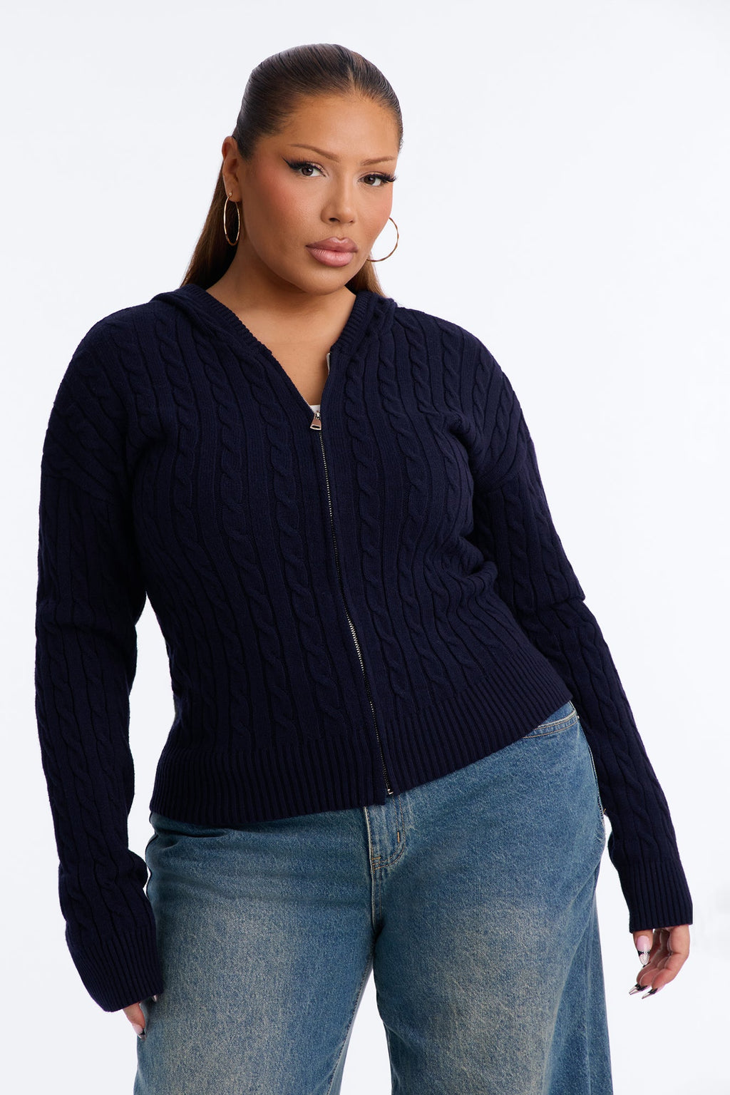 Leina Cable Knit Hooded Cardigan - Navy