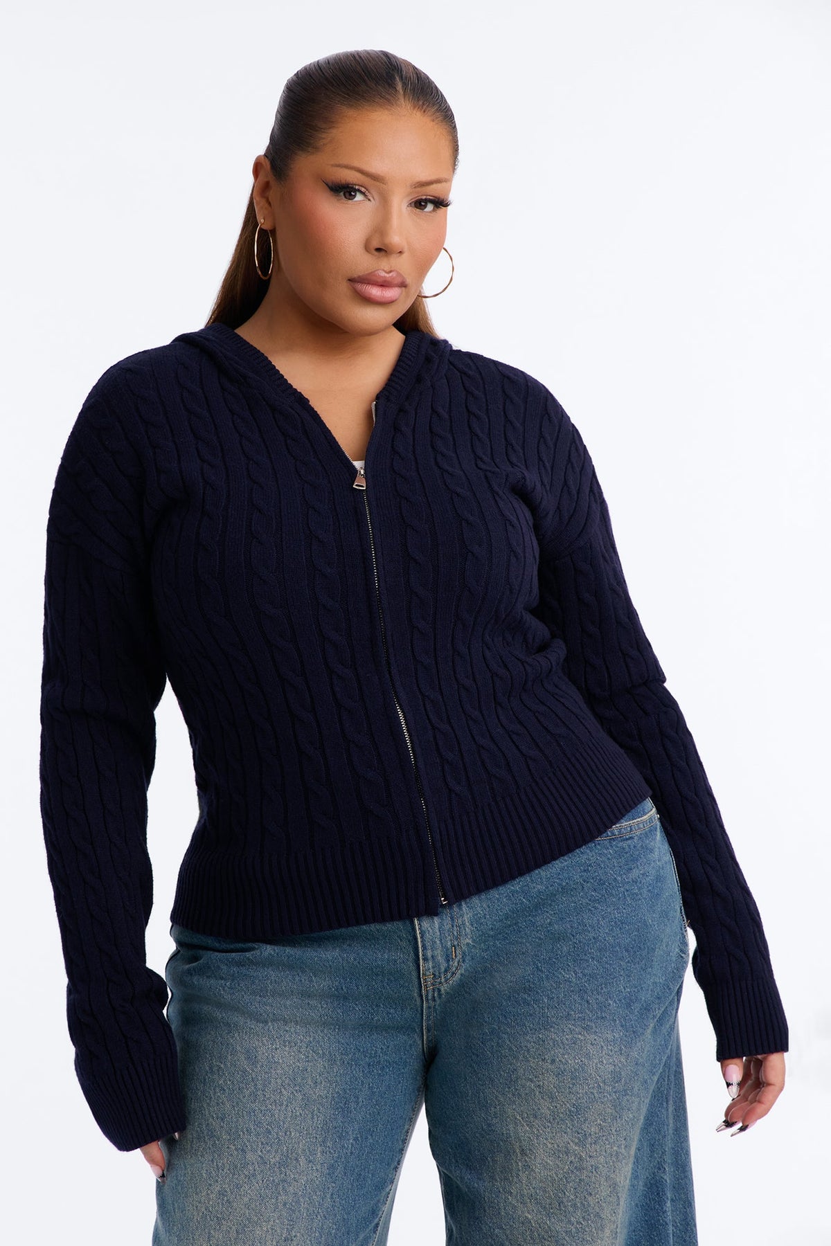 Leina Cable Knit Hooded Cardigan - Navy