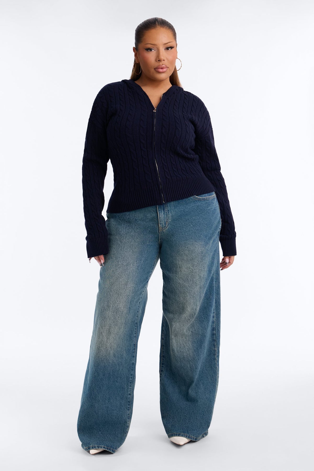 Leina Cable Knit Hooded Cardigan - Navy
