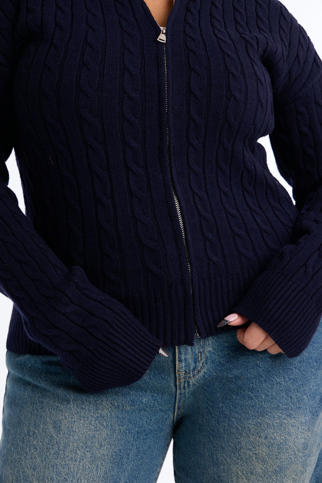 Leina Cable Knit Hooded Cardigan - Navy