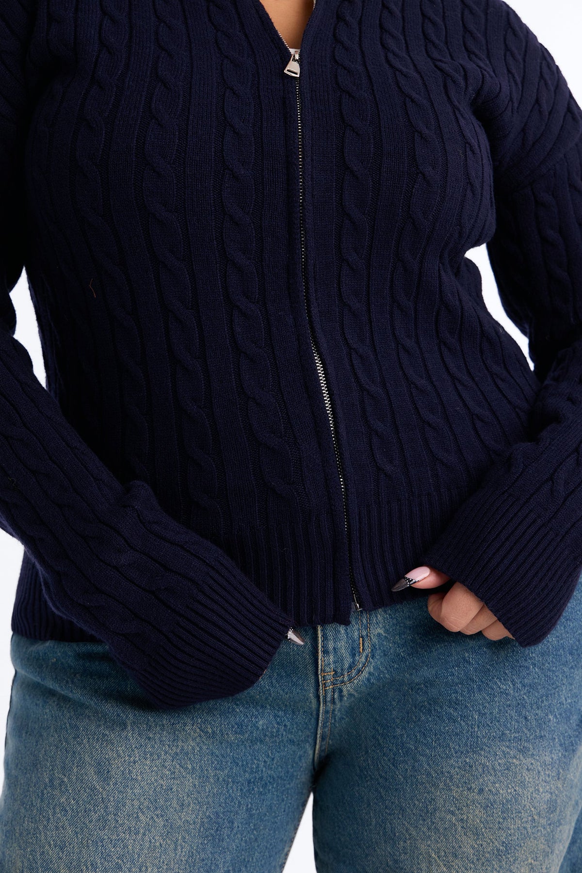 Leina Cable Knit Hooded Cardigan - Navy