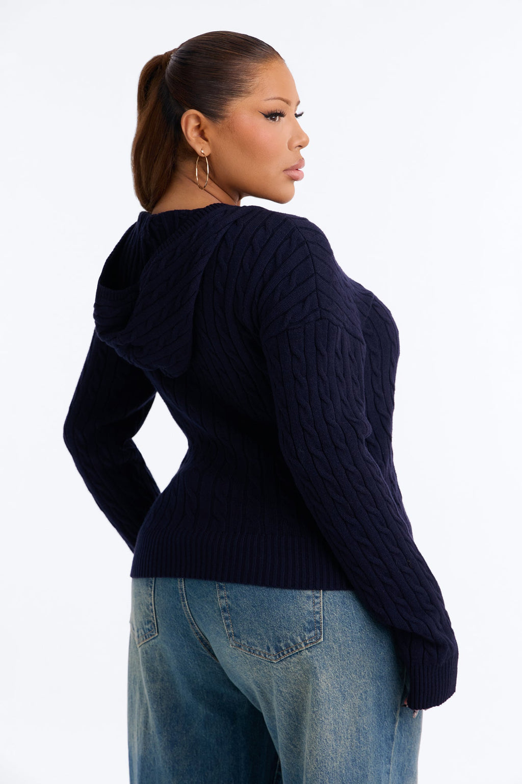 Leina Cable Knit Hooded Cardigan - Navy