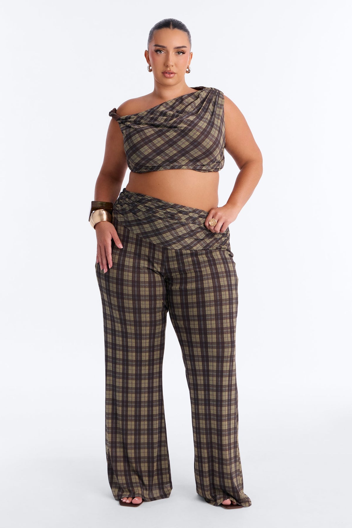 Sadie Mesh Plaid Pant Set - Green/combo