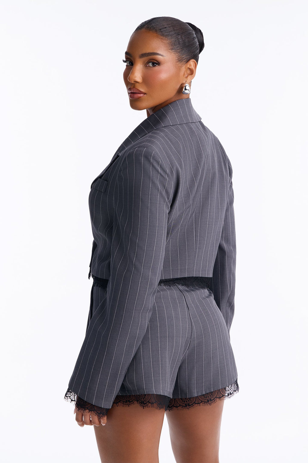 Pia Pinstripe Cropped Blazer Short Set - Charcoal