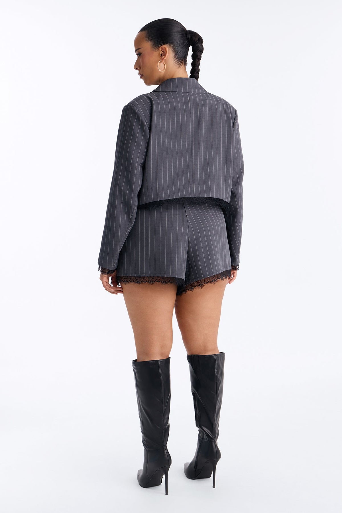 Pia Pinstripe Cropped Blazer Short Set - Charcoal