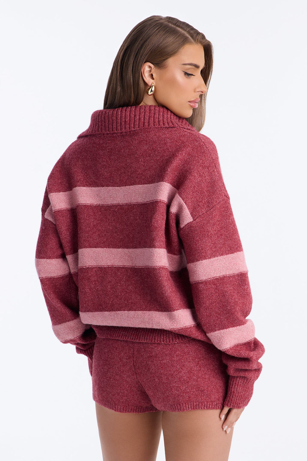 Olivia Striped Sweater Short Set - Burgundy/combo