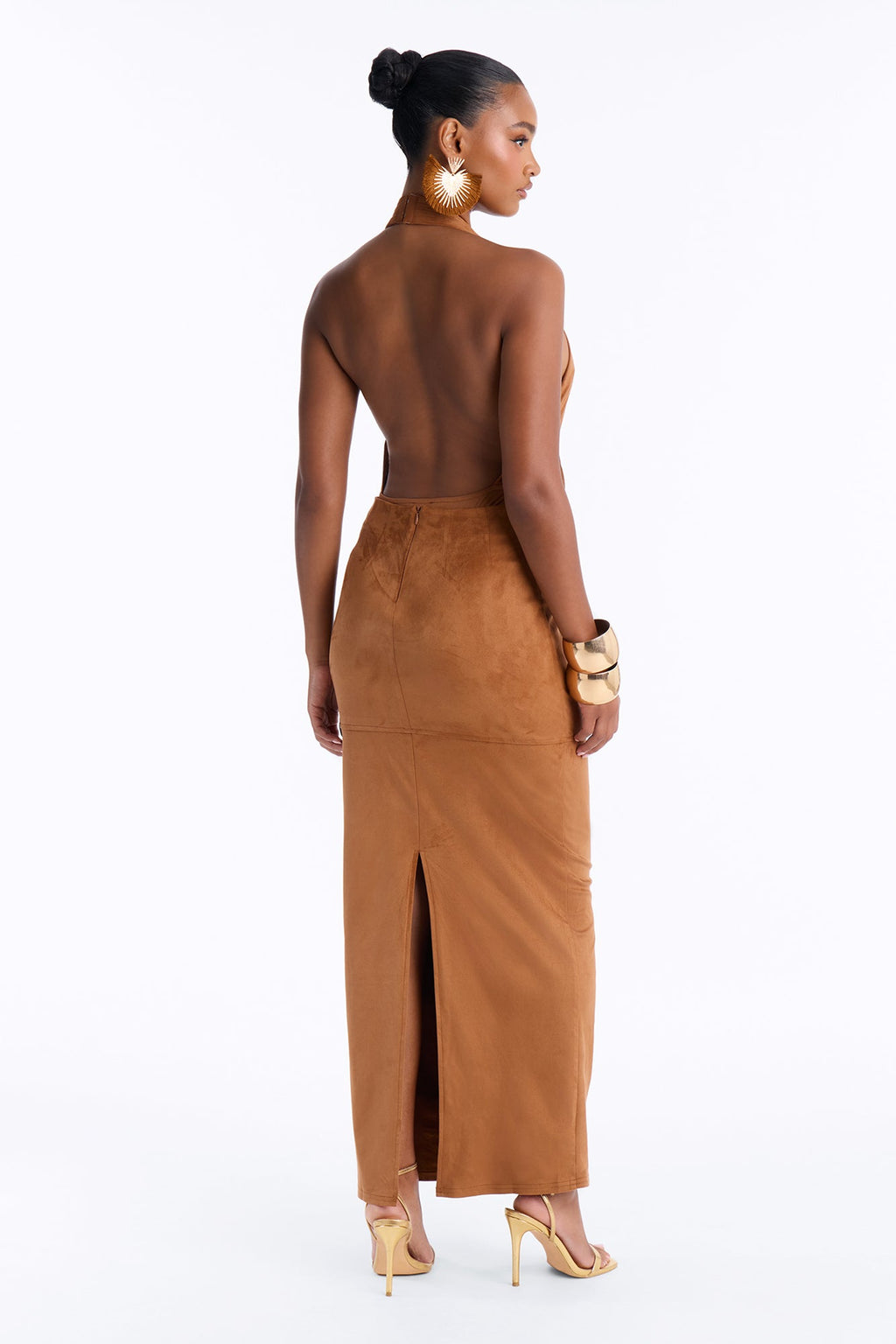 Bold With It Backless Faux Suede Skirt Set - Camel