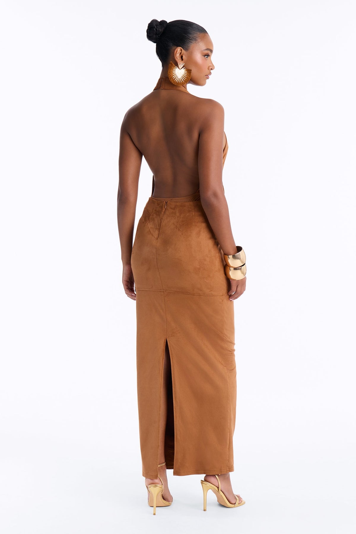 Bold With It Backless Faux Suede Skirt Set - Camel