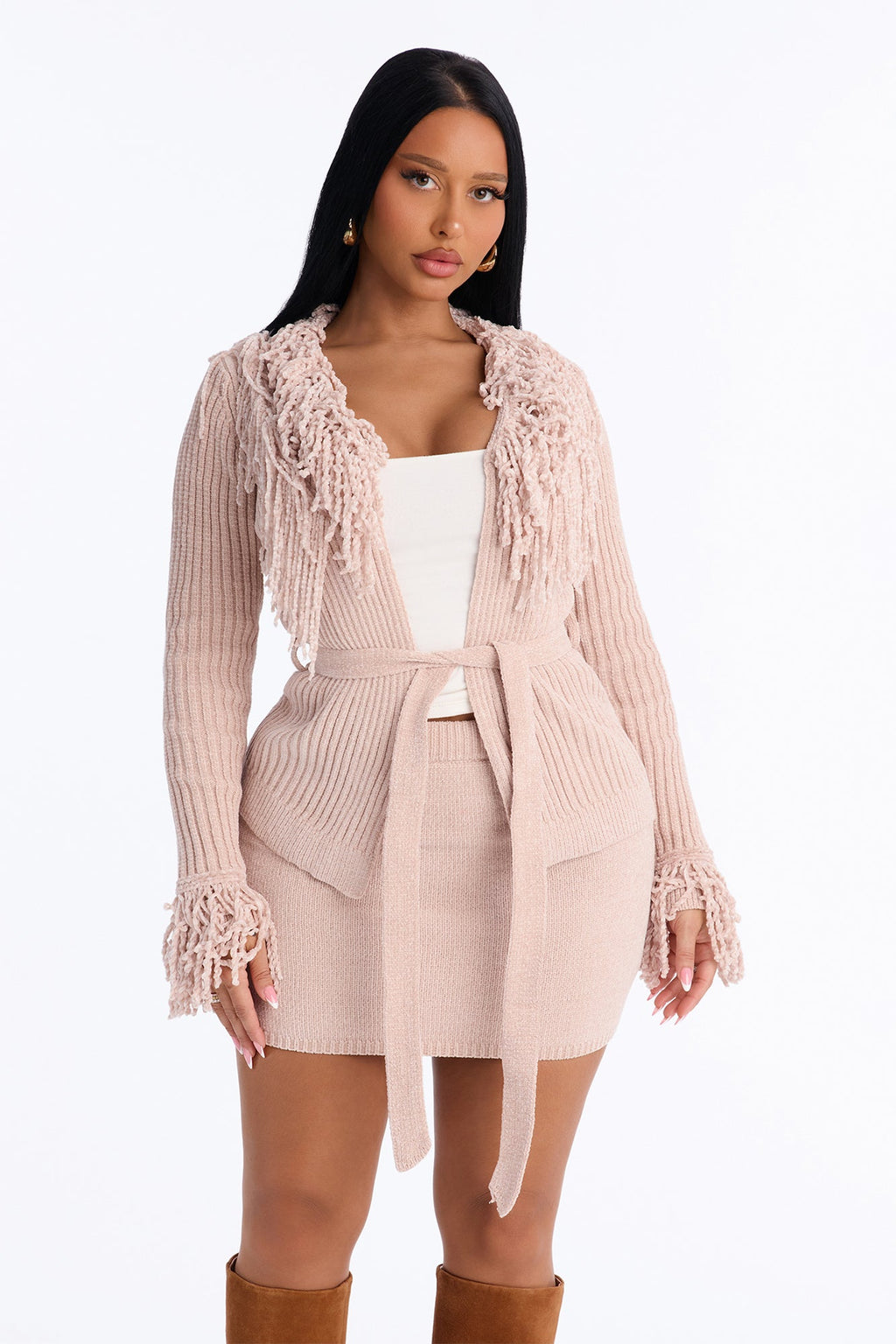 Cozy Girly Fringe Sweater Skirt Set - Pink