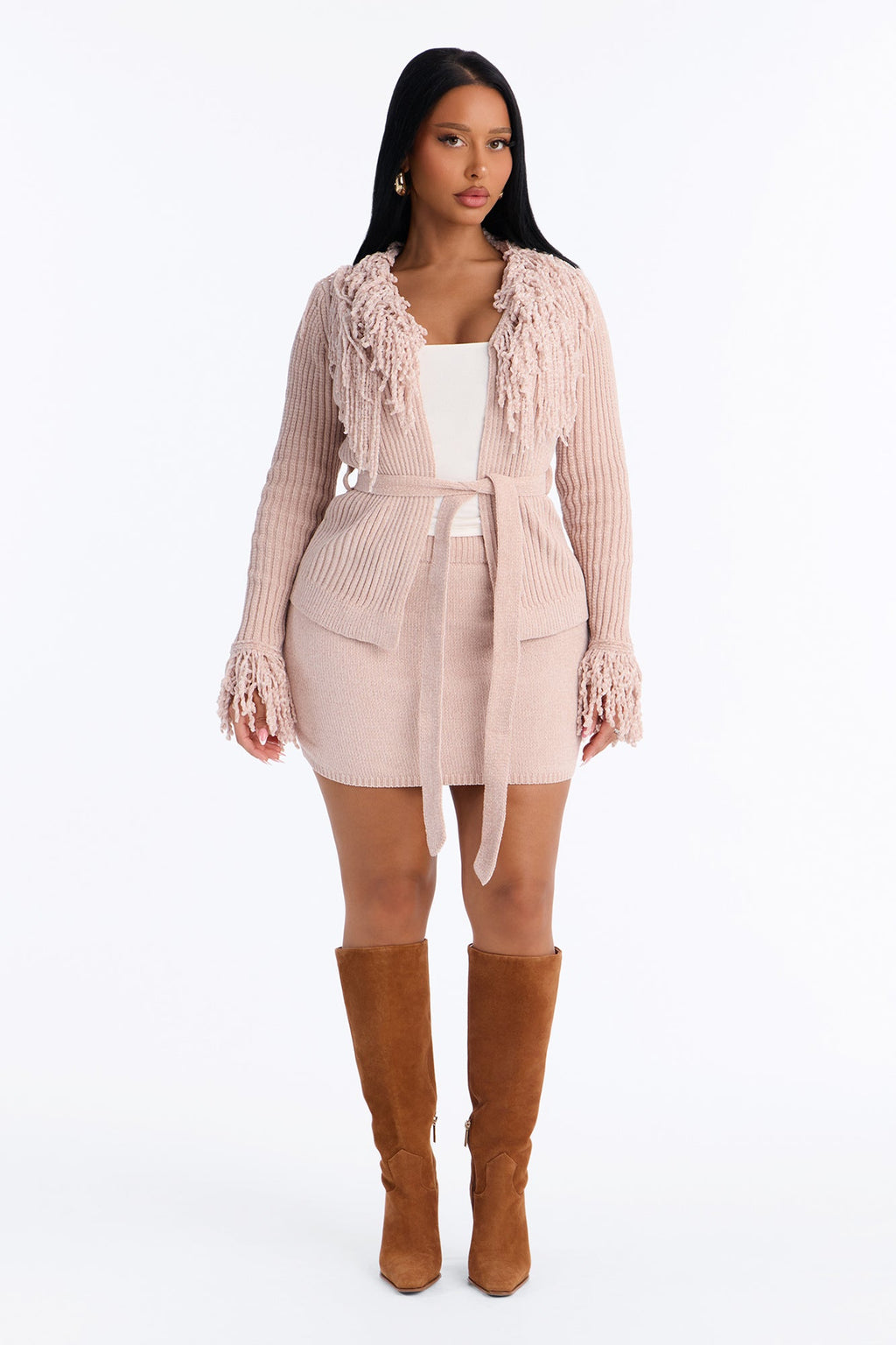 Cozy Girly Fringe Sweater Skirt Set - Pink