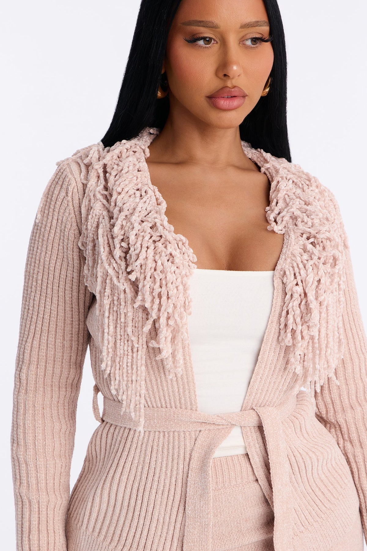 Cozy Girly Fringe Sweater Skirt Set - Pink