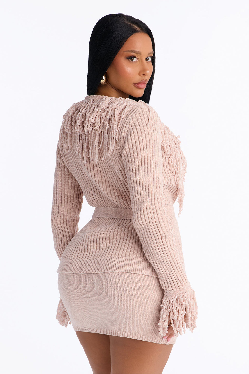 Cozy Girly Fringe Sweater Skirt Set - Pink