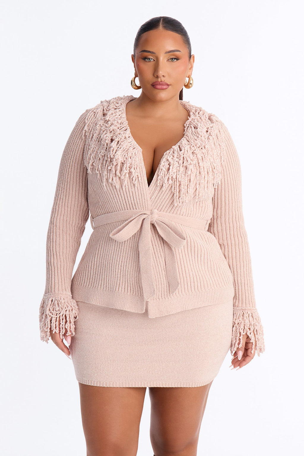 Cozy Girly Fringe Sweater Skirt Set - Pink