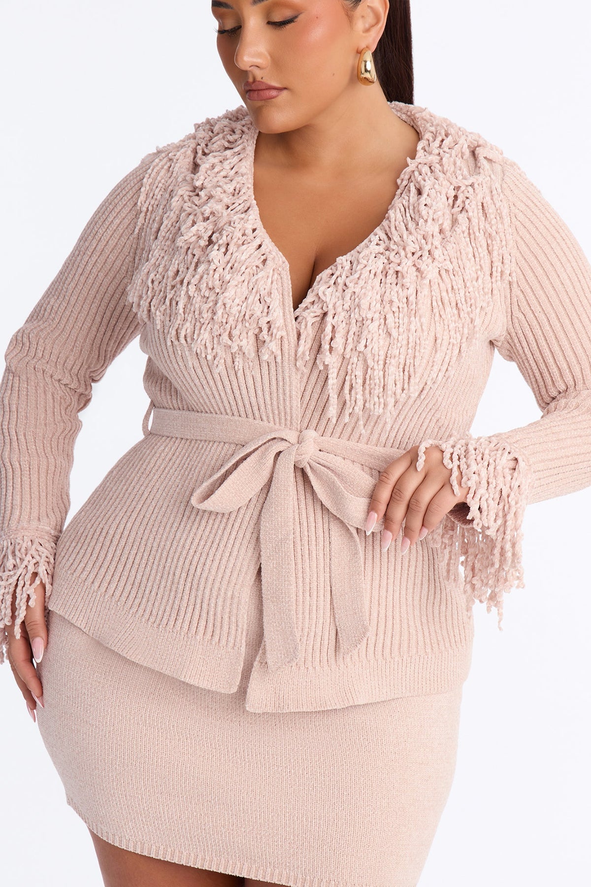 Cozy Girly Fringe Sweater Skirt Set - Pink
