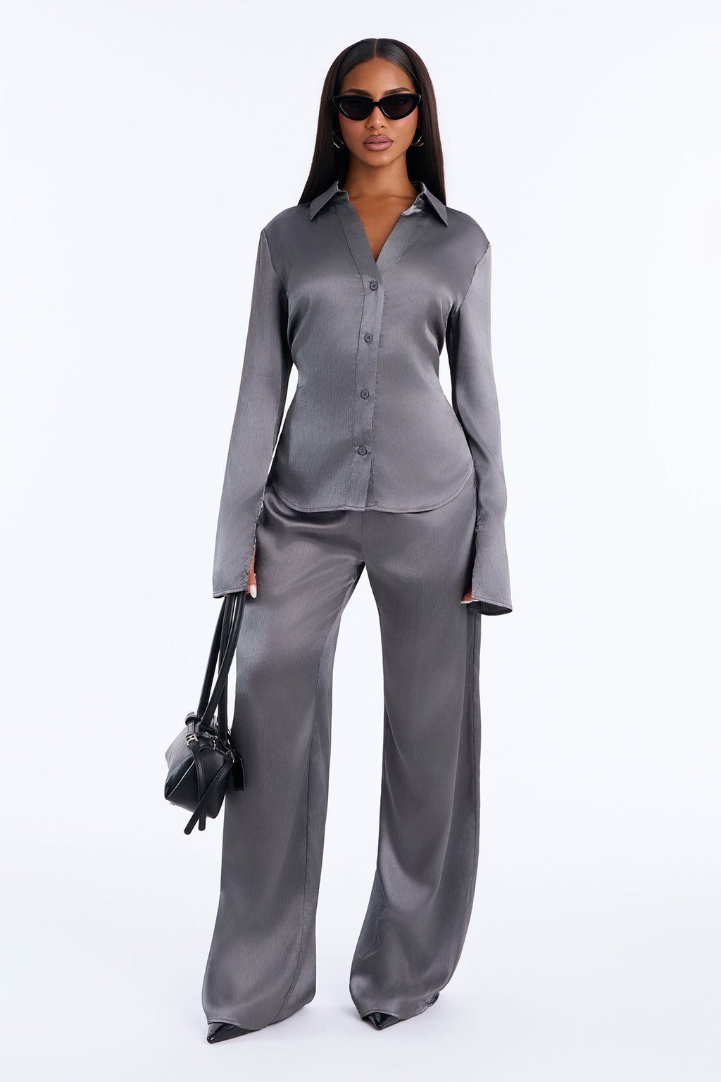Simply Perfect Satin Pant Set - Dark Grey