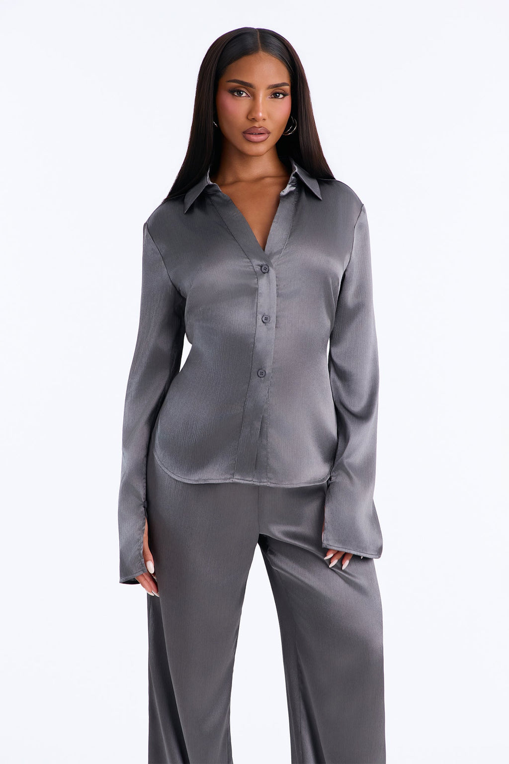 Simply Perfect Satin Pant Set - Dark Grey