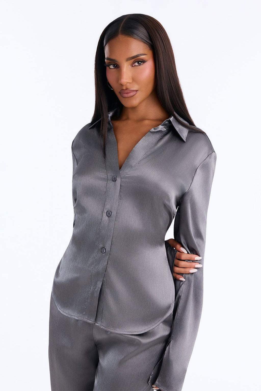 Simply Perfect Satin Pant Set - Dark Grey