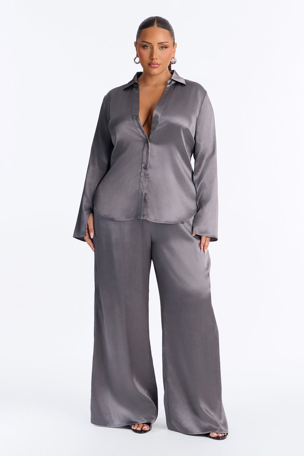 Simply Perfect Satin Pant Set - Dark Grey