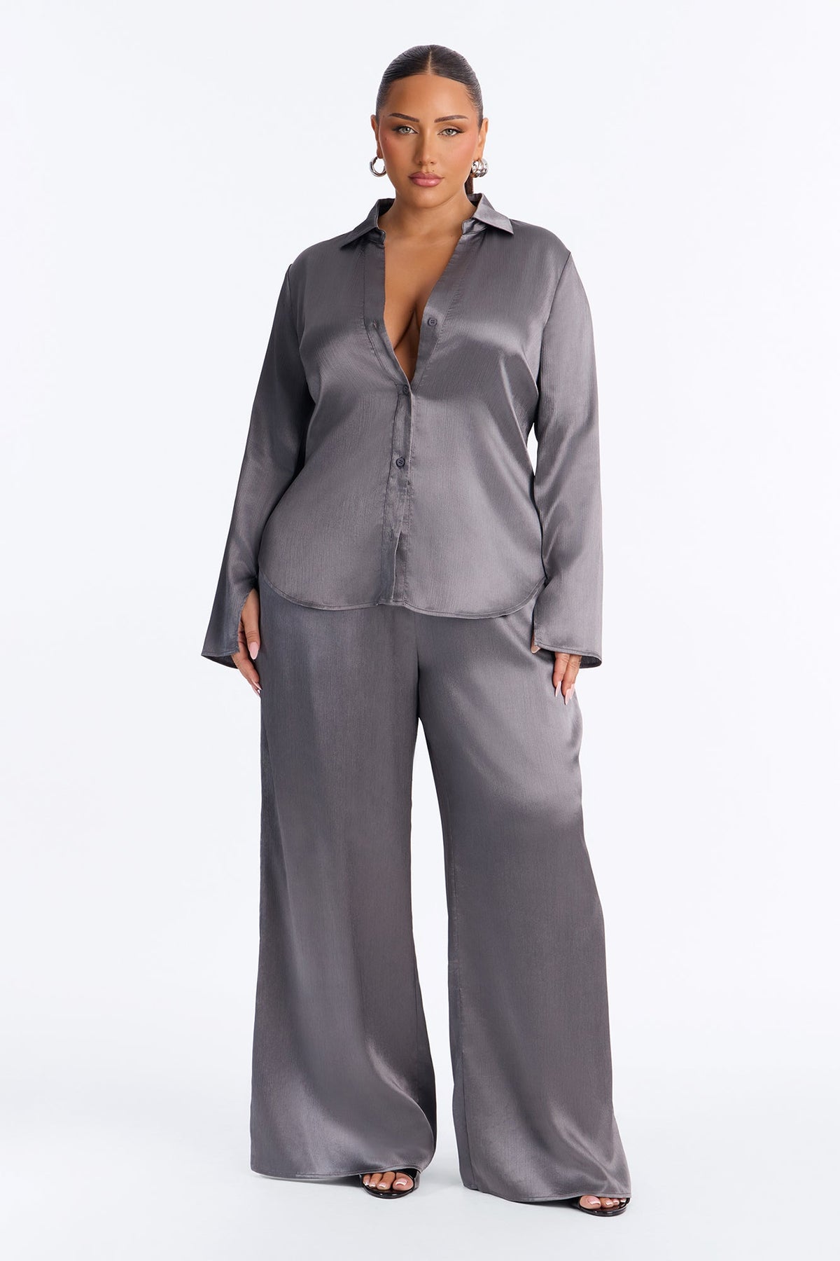 Simply Perfect Satin Pant Set - Dark Grey