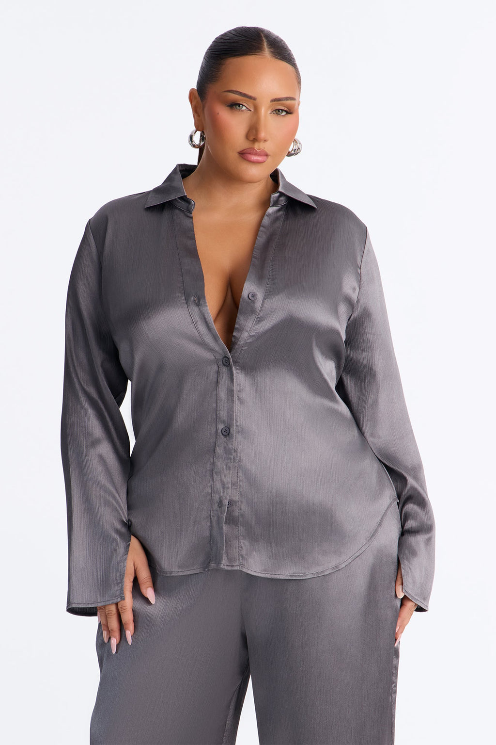 Simply Perfect Satin Pant Set - Dark Grey