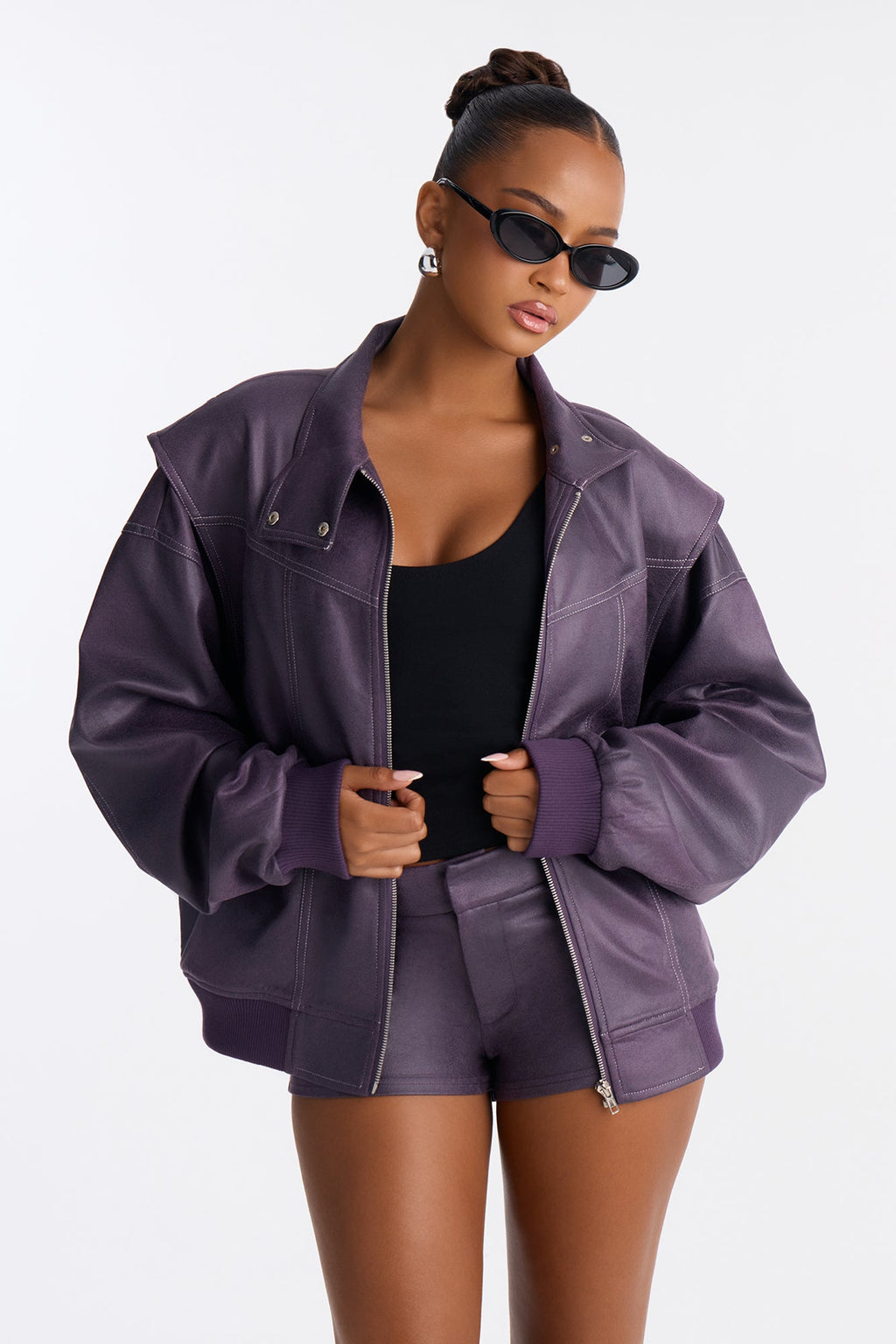 Celeste Faux Suede Mock Neck Short Set - Plum