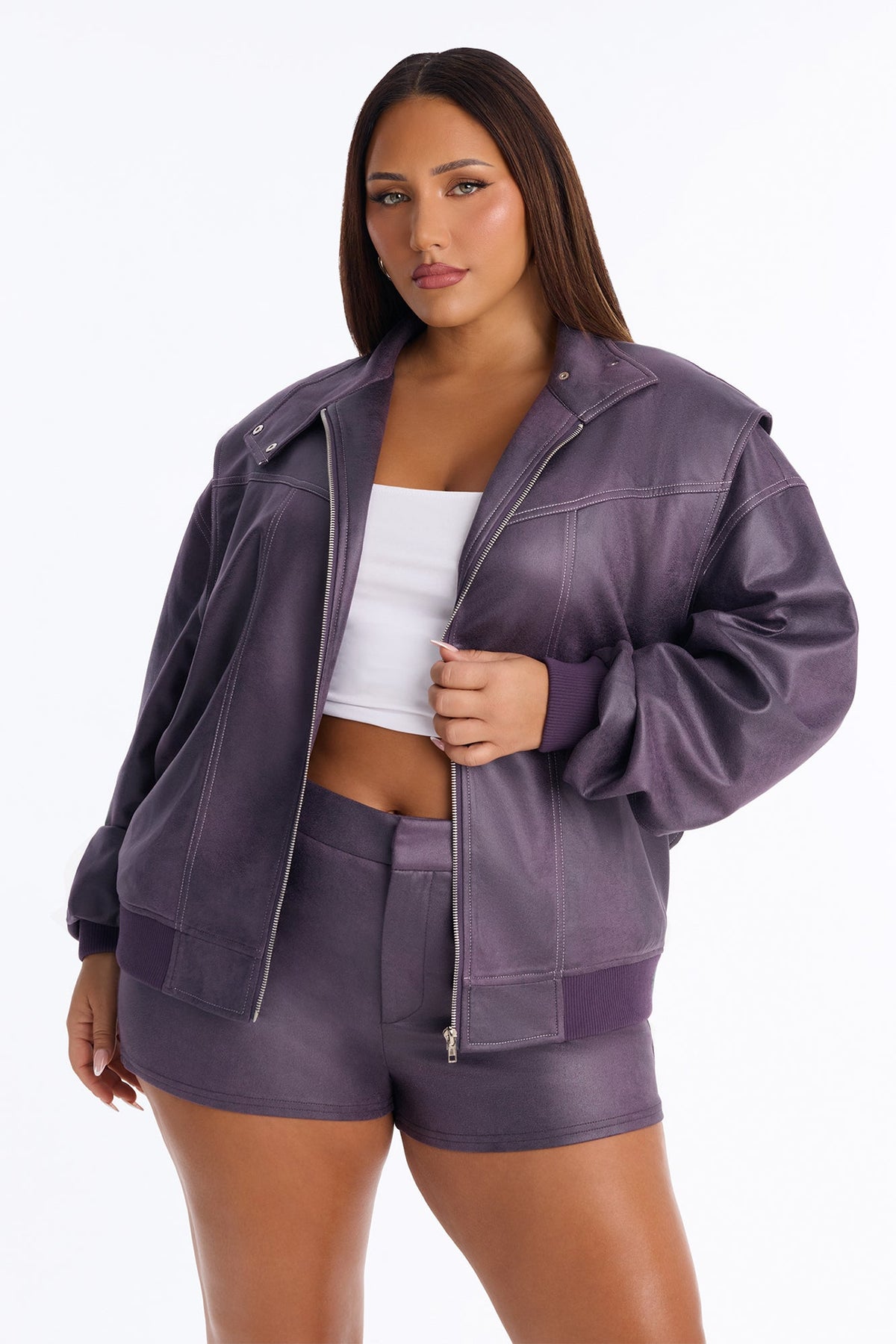 Celeste Faux Suede Mock Neck Short Set - Plum