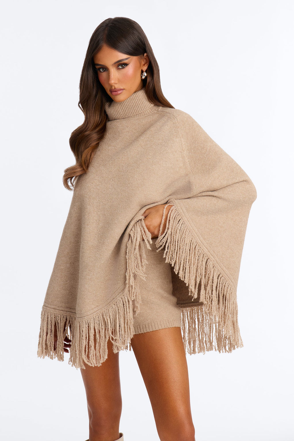 Amaya Poncho Sweater Short Set - Taupe