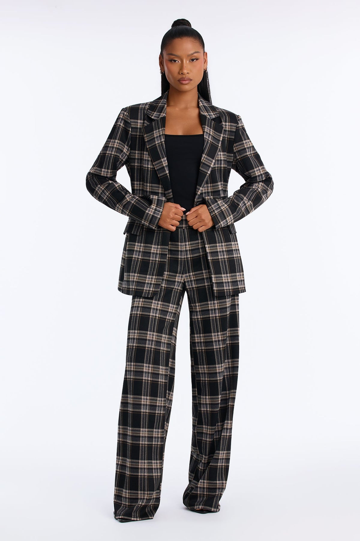 Business Moves Plaid Blazer Pant Set - Black/combo
