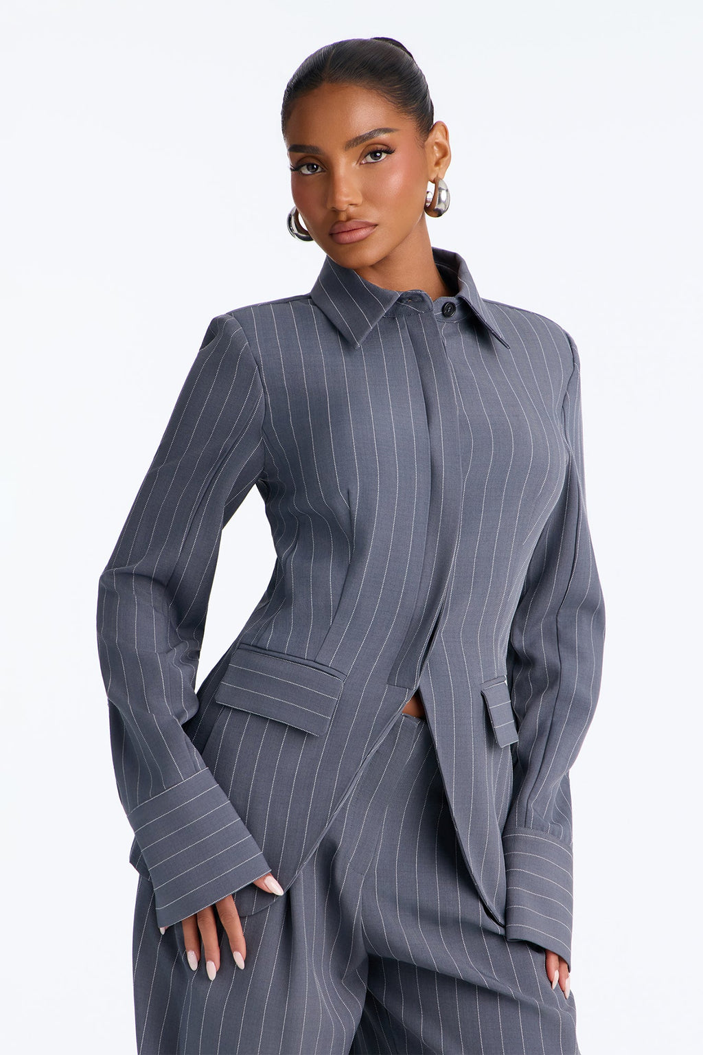 Giana Pinstripe Blazer Pant Set - Charcoal