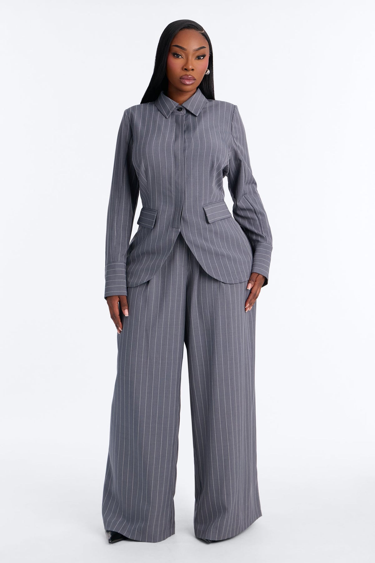 Giana Pinstripe Blazer Pant Set - Charcoal