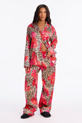 Bedtime Lux Stretch Satin Long Sleeve PJ Pant Set - Brown/combo